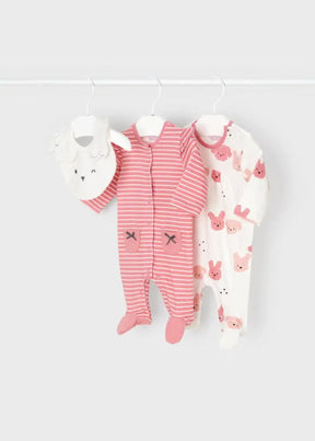 Mayoral baby girl romper and bib set with coral stripes and pink bunny print