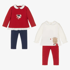 Front view of red heart top navy leggings and ivory animal top red leggings
