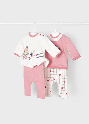 Mayoral baby girl four-piece set with pink and cream tops and leggings
