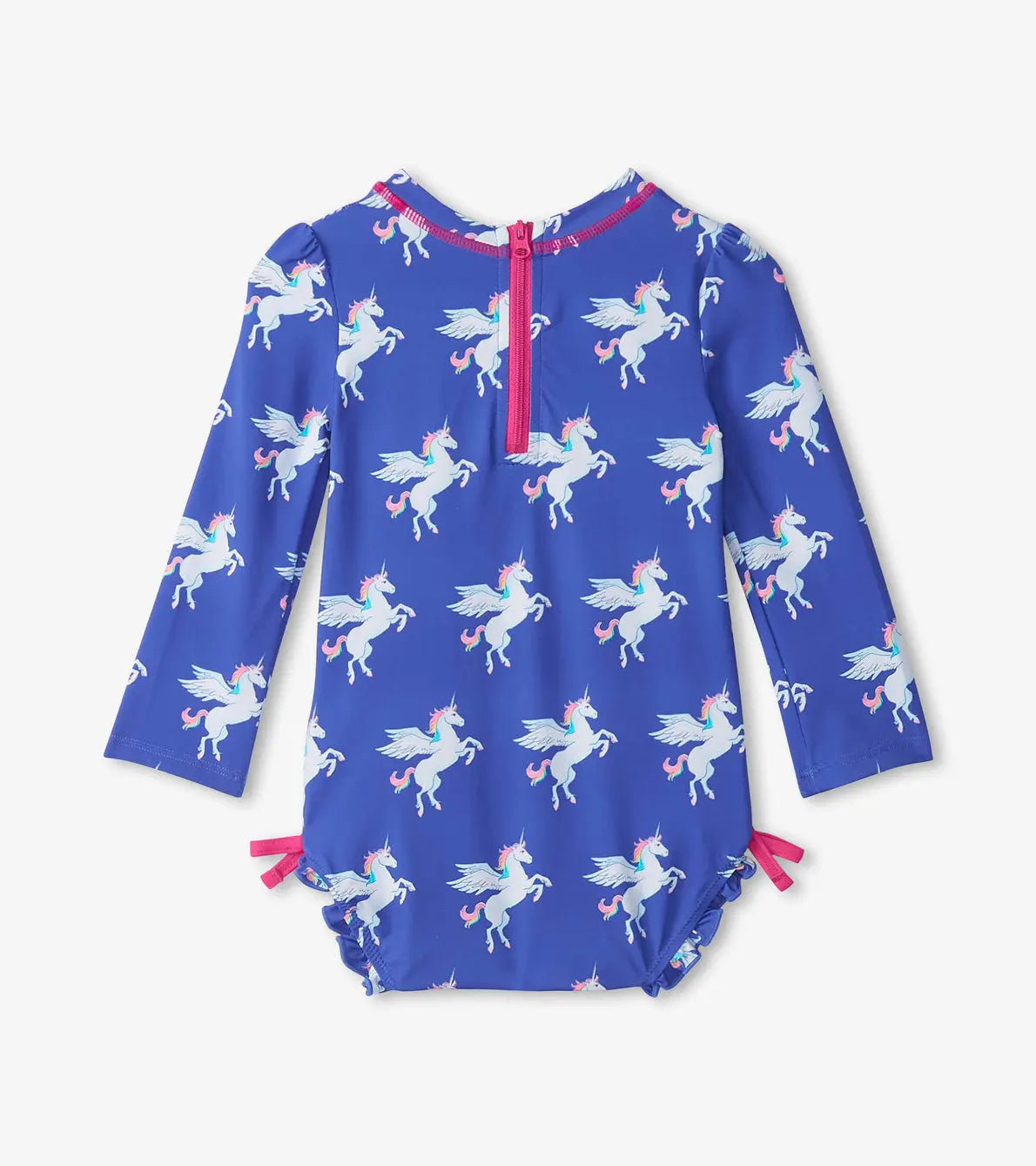 Back view of baby girls blue unicorn rashguard swimsuit with zipper closure and pink trim
