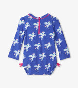Back view of baby girls blue unicorn rashguard swimsuit with zipper closure and pink trim
