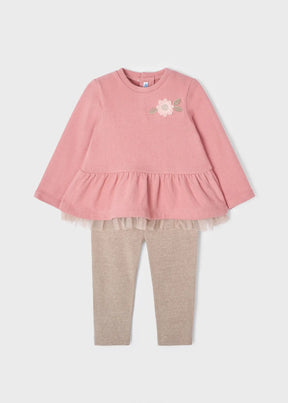 Front view of blush Mayoral baby girl top with flower appliqué and beige ribbed leggings