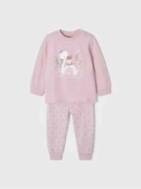 Front view of dusty-pink Mayoral baby girl pajamas with swan top and dotted pants