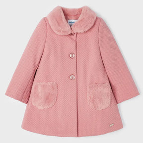 Front view of dusty-rose Mayoral baby girl knit coat with plush collar and pockets