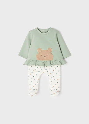 Mayoral baby girl mint bear top with cream heart-print footed leggings