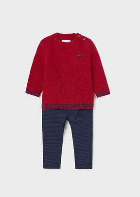 Front view of red Mayoral baby sweater with navy ribbed pants