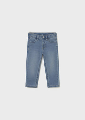 Front view of light-blue Mayoral baby jeans with five-pocket styling