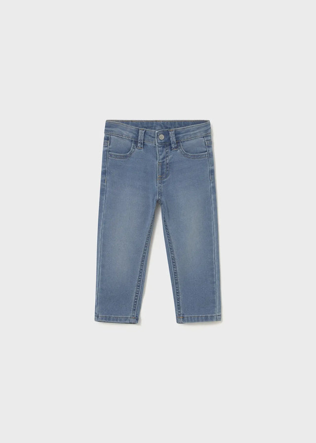 Light-wash Mayoral baby boy jeans with adjustable waistband, single button and pockets; slim-regular fit for everyday wear.