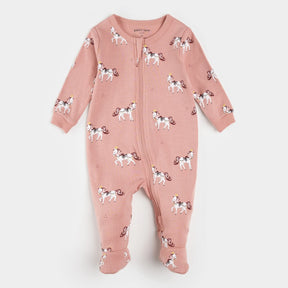 Petit Lem baby girl Rose Royal Horses organic cotton footed sleeper – front view