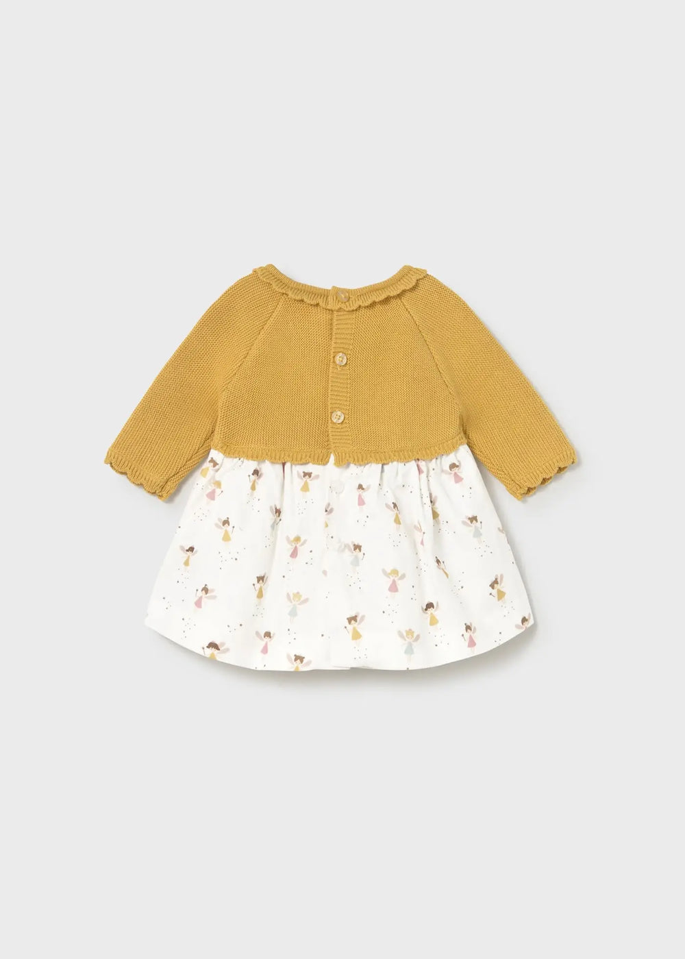 Back view of Mayoral baby girl knit printed dress with button fastening