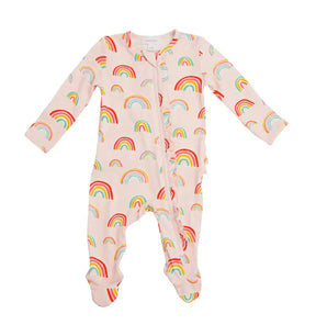 Angel Dear Pink Rainbows bamboo ruffle footie front view for baby girls