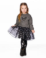 Bi-Material Dress Black With Mesh Skirt And Heart | Deux par Deux | Jenni Kidz