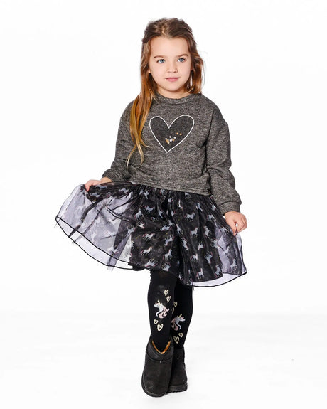 Bi-Material Dress Black With Mesh Skirt And Heart | Deux par Deux | Jenni Kidz