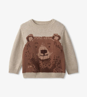 Hatley Big Bear beige baby knit sweater with oversized brown bear face, front view