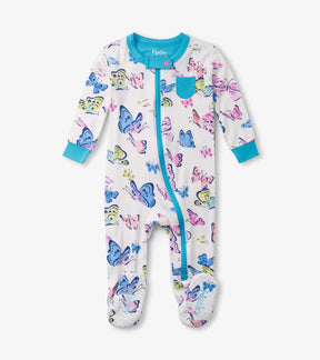 Hatley baby girls Big Butterflies footed sleeper in white with aqua trim and a two-way zipper