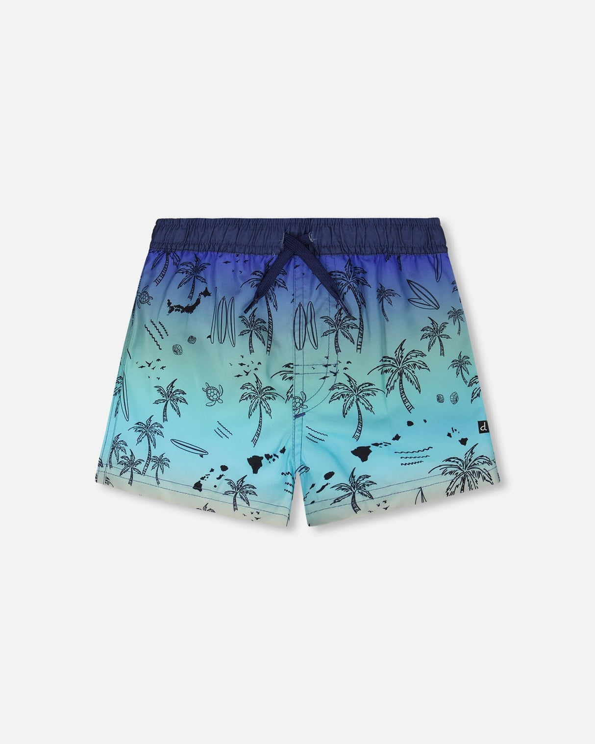 Front flat lay of Deux par Deux boy blue beach boys swim trunks with palm-tree print