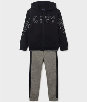 Front view of boys black graphic hoodie and grey jogger set