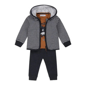 Dirkje baby boys' three-piece set with striped hooded cardigan, caramel graphic top and navy joggers