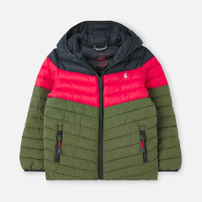 Joules Cairn Navy Red Green Colourblock Jacket: front view of colourblock hooded jacket