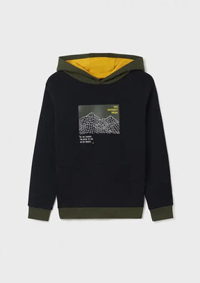 Front view of black Mayoral boys hoodie with olive hood and mountain-grid graphic