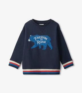Hatley boys navy Freedom To Roam pullover with blue bear graphic and striped trim, front view