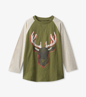 Hatley Grand Elk boys raglan tee in olive green with oatmeal sleeves, front view