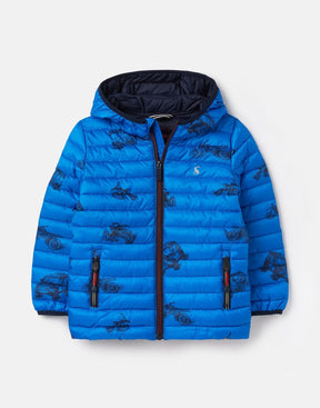Joules Cairn Blue Vehicle Print Packable Jacket: front view with blue vehicle print