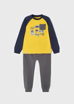 Front view of boys Oro Print yellow game pajama top and gray pants