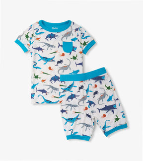Hatley boys Prehistoric Marine short pajama set in ivory with sea creatures and turquoise trim