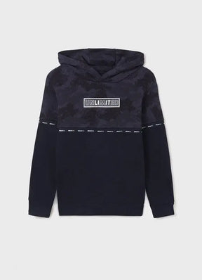 Front view of dark-navy Mayoral boys patterned hoodie with logo tape