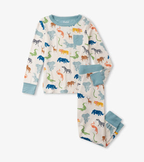 Hatley boys Scratchy Safari long pajama set in ivory with colourful animals and soft-blue trim
