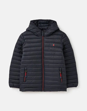 Joules Cairn Navy Red Lining Packable Jacket: front view of dark padded jacket