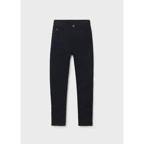 Front view of black Mayoral boys slim-fit pants with five-pocket styling