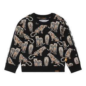 Anthracite Dirkje boys' sweatshirt with all-over tiger print and white sleeve tape, front view