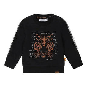 Anthracite Dirkje boys' sweatshirt with large copper tiger graphic and white sleeve tape, front view