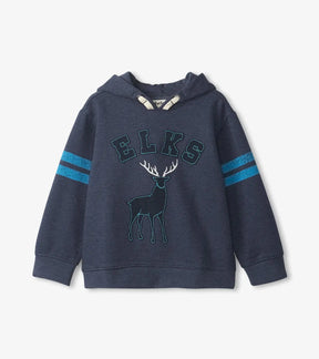 Hatley Team Elks boys heather-navy pullover hoodie with turquoise stripes, front view