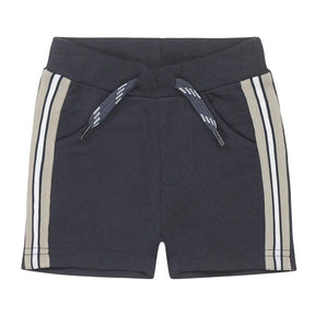 Dark navy Dirkje boys shorts with cream side stripes, front view