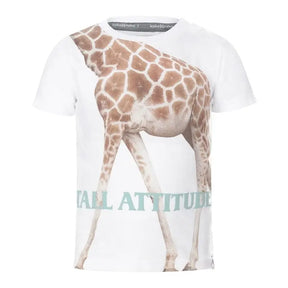 Front view of white Koko-Noko boys T-shirt with large giraffe graphic