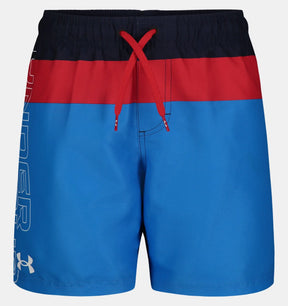 Under Armour boys Blue/Red/Navy triblock swim volley shorts with UPF 50+, drawstring waist, and logo detail.