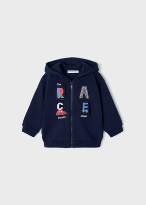Front view of navy Mayoral baby zip hoodie with colourful RACE car appliqués