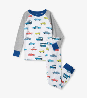 Hatley boys white Cars pajama set with gray raglan sleeves and blue cuffs, product view