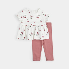 Petit Lem baby girl Cherry Print organic cotton top and leggings set – front view