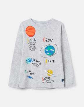 Joules Chomp Grey Interactive Planet T-Shirt: front view with planet artwork
