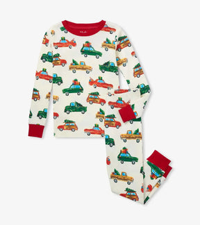 Hatley boys Christmas Cars ivory pajama set with red trim, front product view
