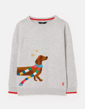 Joules Grey Wraparound Christmas Dog Sweater: front view with scarf-wearing dog and stars