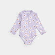 Lavender long-sleeve Petit Lem baby girl one-piece swimsuit with daisy print laid flat
