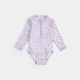 Lavender long-sleeve Petit Lem baby girl one-piece swimsuit with daisy print laid flat