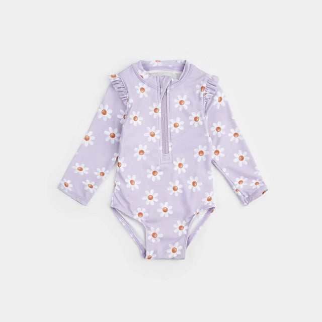 Lavender long-sleeve Petit Lem baby girl one-piece swimsuit with daisy print laid flat
