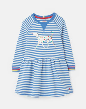 Joules Darlia Blue Stripe Dalmatian Sweat Dress: front view with spotted dog artwork