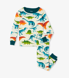 Hatley boys Dinosaur Park ivory pajama set with green trim, front product view